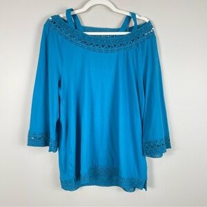 Soft Surroundings Blouse Women Large Blue Blouse Shirt Lace Embroidered Sleeve